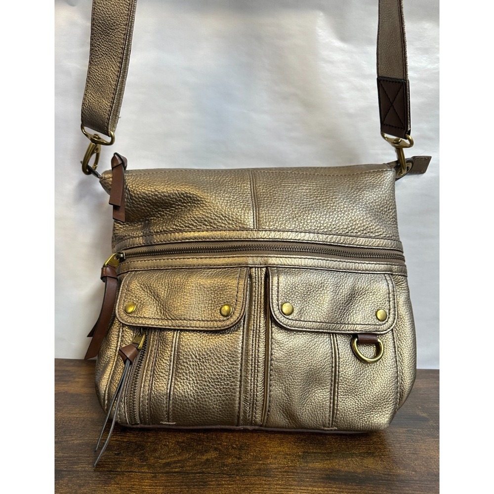 Fossil Metallic Bronze Pebbled Leather Utility Crossbody Bag Multi Pocket Large - Picture 2 of 16